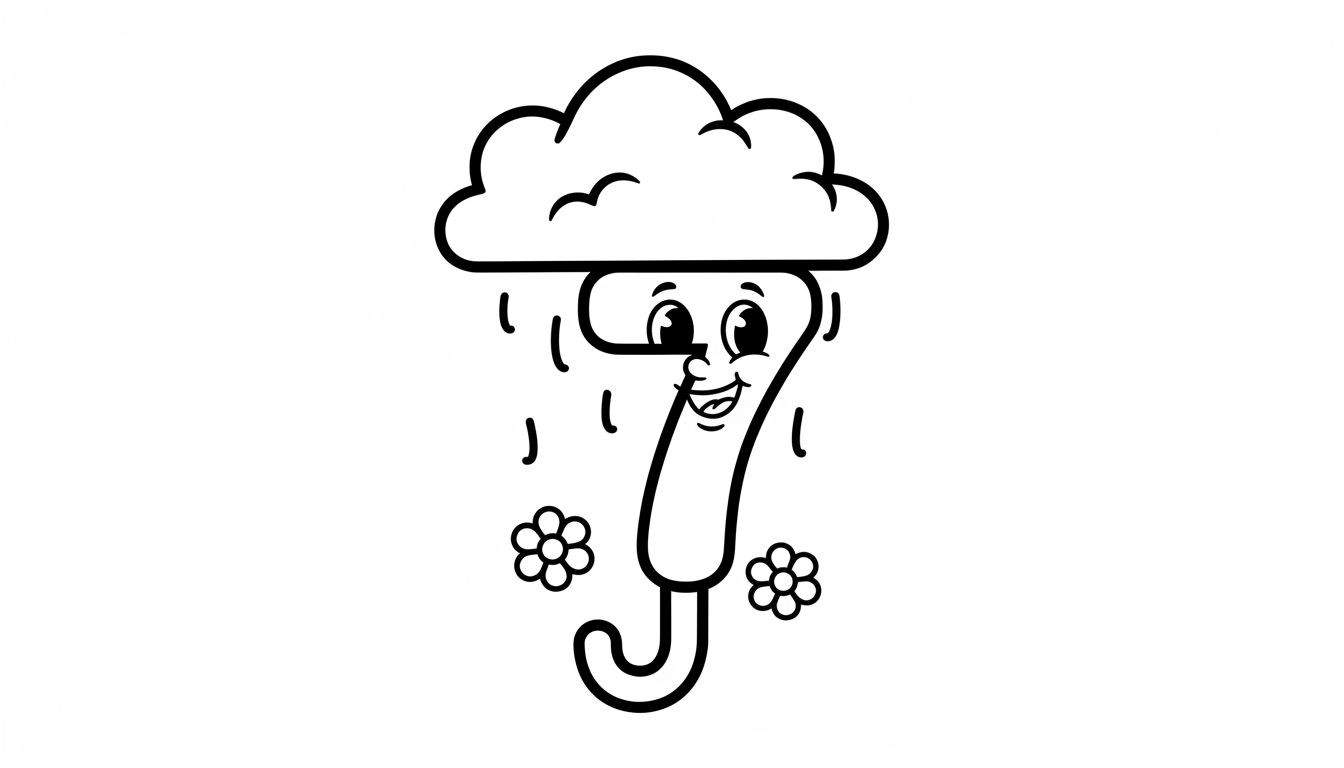 Kleurplaat van een vrolijk, lachend cijfer 7 met ogen en mond, waarboven een regenwolk met druppels hangt, en aan weerszijden van het cijfer twee eenvoudige bloemen zijn afgebeeld. Eenvoudig en kindvriendelijk ontwerp.