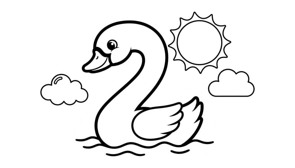 Kleurplaat van een zwemmende zwaan in water met zon rechtsboven en twee wolken.