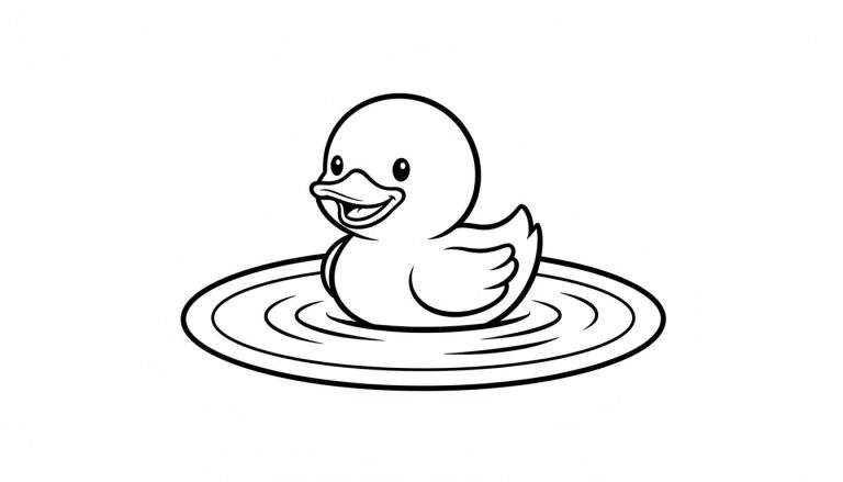 Zwart-witte lijntekening van een schattig, vrolijk eendje met open snavel en grote ogen, drijvend in water met rimpels. Een eenvoudige cartoon kleurplaat voor kinderen.