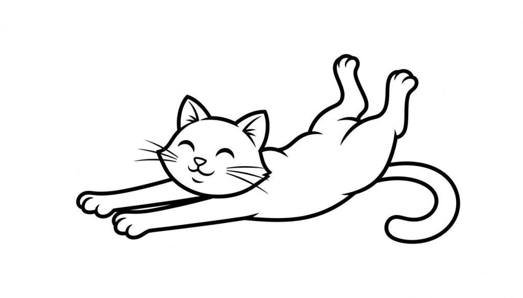 Zwart-witte lijntekening van een blije, uitrekkende cartoonkat met gesloten ogen, glimlach, snorharen en gekrulde staart. Eenvoudige kleurplaat.