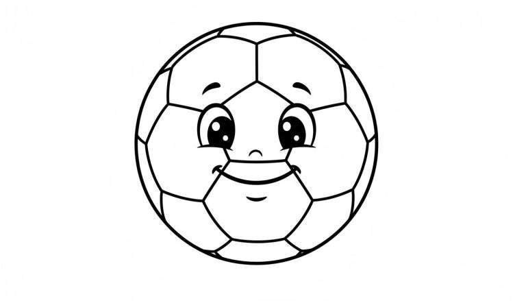 Zwart-witte lijntekening van een vrolijke voetbal met grote ogen, wenkbrauwen, neus en brede lachende mond, perfect voor een makkelijke kleurplaat.