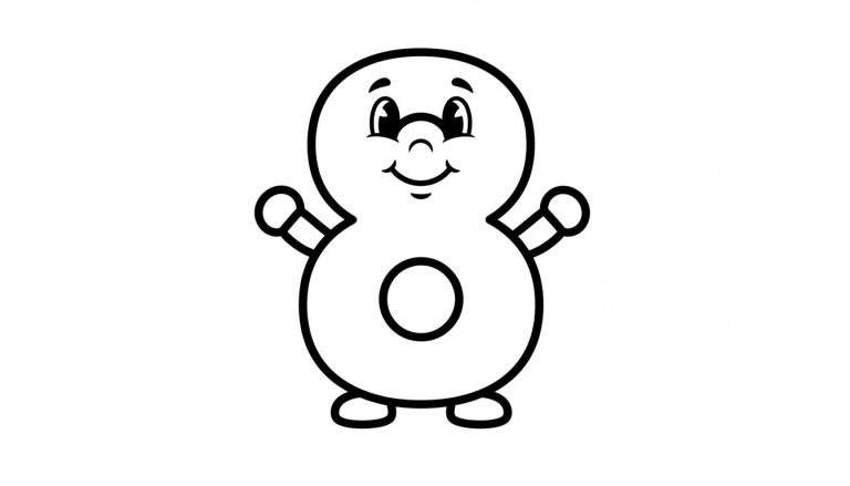 Zwart-wit kleurplaat van het cijfer 8, vormgegeven als een vriendelijk stripfiguur met lachend gezicht, armpjes en voetjes. Makkelijk te kleuren voor kinderen.