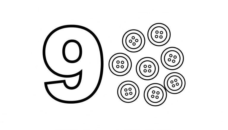 Zwart-wit kleurplaat met groot cijfer 9 en negen knopen met vier gaatjes om te leren tellen.