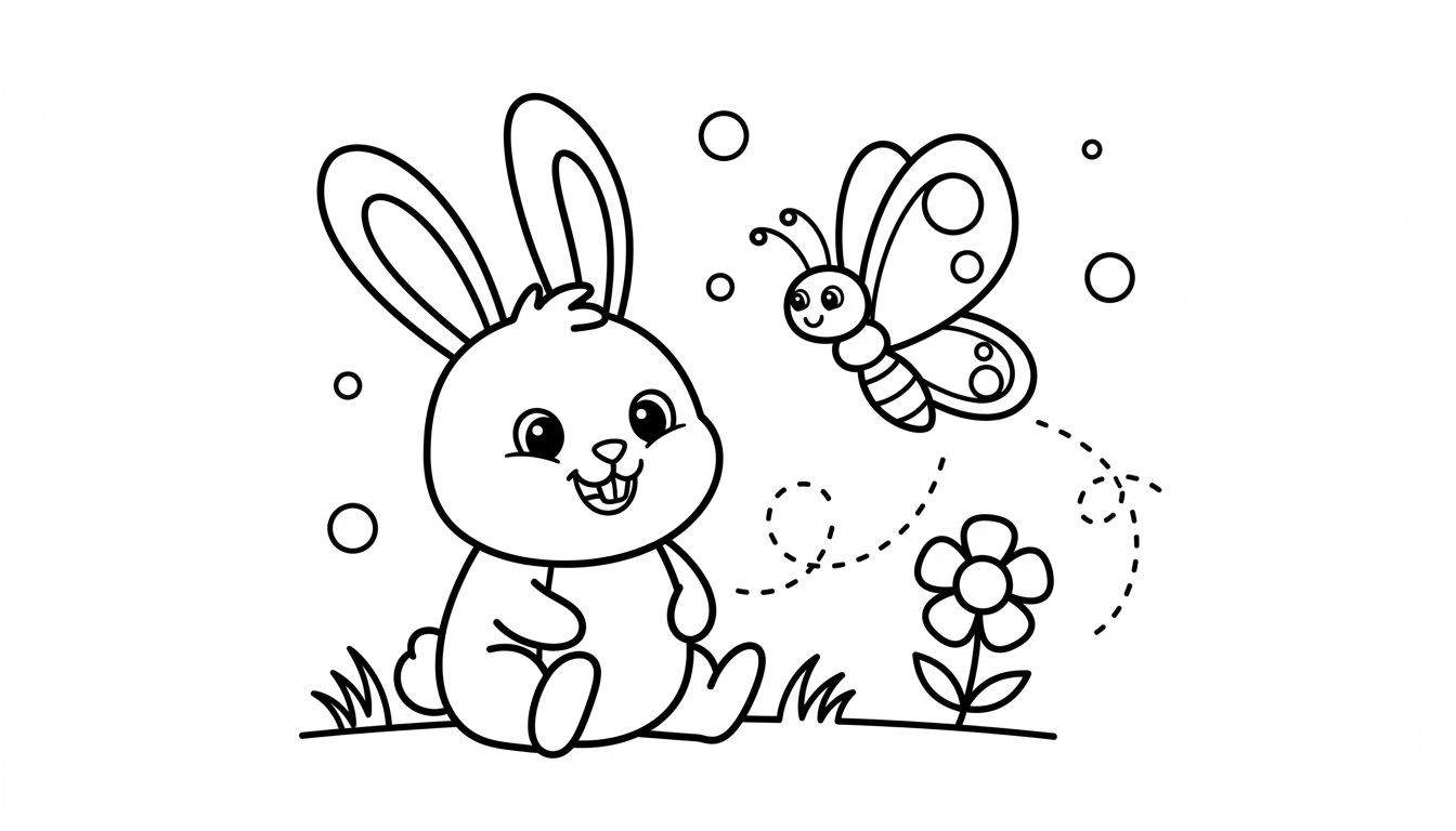 Zwart-wit kleurplaat van een lachend konijn in het gras met een bloem, een vliegende vlinder en zwevende bollen, straalt lente uit.