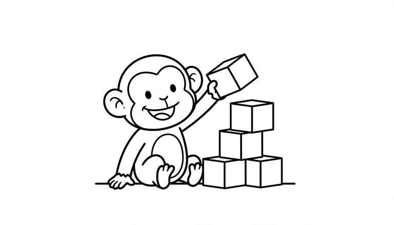 Vrolijk lachend aapje met grote oren stapelt bouwblokken, makkelijke zwart-wit kleurplaat.
