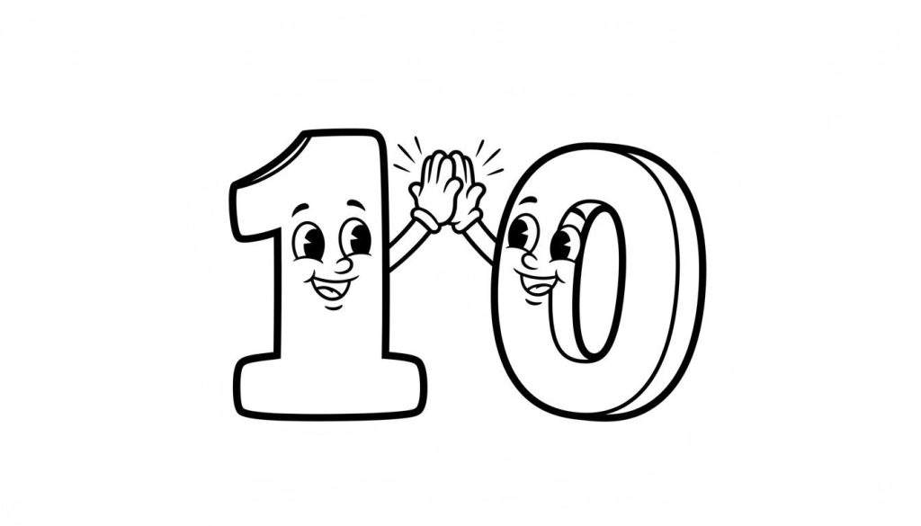 Zwart-wit kleurplaat van het getal 10, waarbij het cijfer 1 en 0 gepersonifieerd zijn met vrolijke gezichten en elkaar een high five geven. De tekening is in een cartooneske, vrolijke stijl.