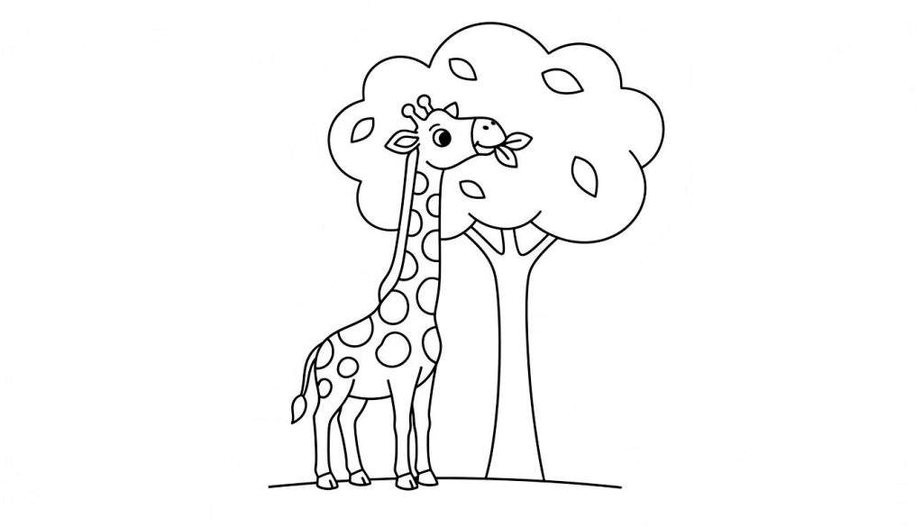 Eenvoudige lijntekening van een giraffe met lange nek en vlekken, staand naast een boom en een blad etend. Een makkelijke kleurplaat.