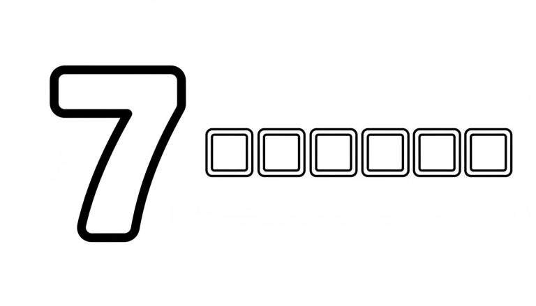 Groot cijfer 7 kleurplaat met zes lege vakjes om in te kleuren.