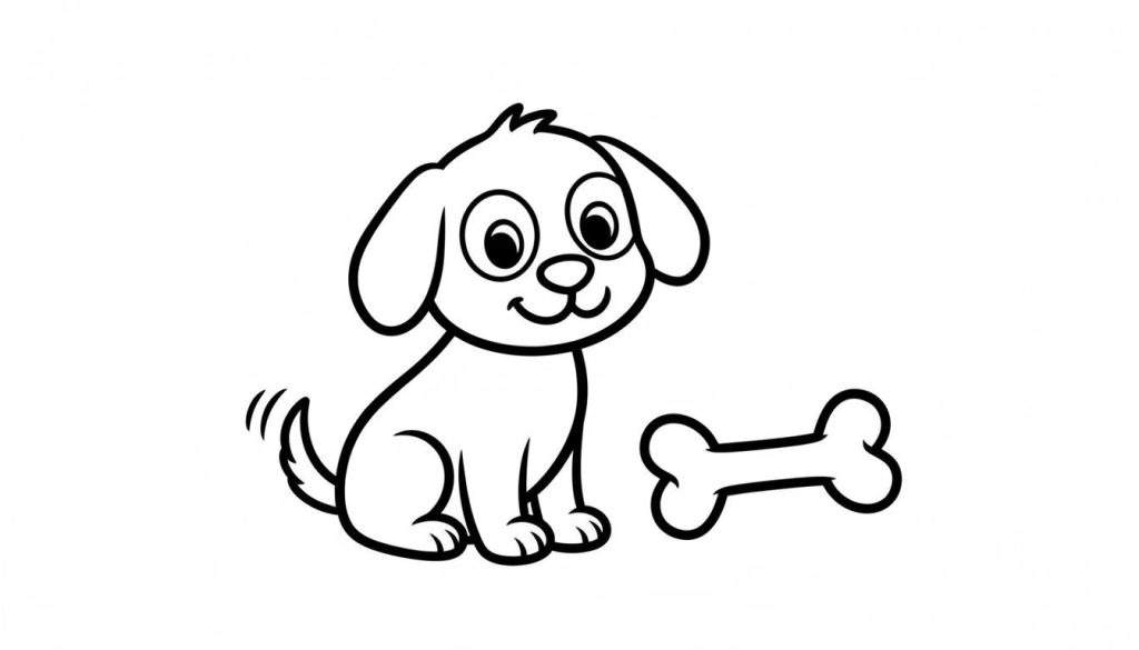 Zwart-wit lijntekening van een schattige, zittende puppy met grote ogen, lachende mond, kwispelende staart en een bot ernaast, geschikt als kleurplaat.