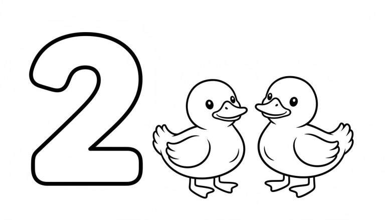 Zwart-wit kleurplaat met een groot cijfer 2 en twee contourgetekende eendjes die elkaar aankijken.