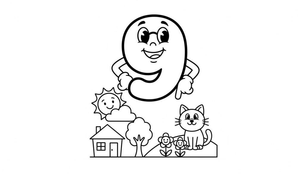 Kleurplaat van een lachend cijfer negen met bril, wijzend naar een vrolijk tafereel met een huisje, lachende zon, boom, glimlachende kat en bloemen op een verhoogde grond.