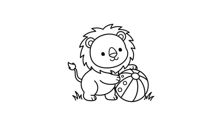 Zwart-witte kleurplaat van een schattige leeuw op vier poten die een bal met strepen en cirkels vasthoudt. De leeuw heeft volle manen, een vriendelijke blik en plukjes gras eromheen.