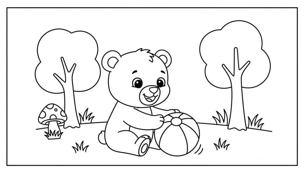 Zwart-wit kleurplaat van een lief beertje met een gestreepte bal in een bosrijke omgeving met twee bomen, een paddestoel en gras.