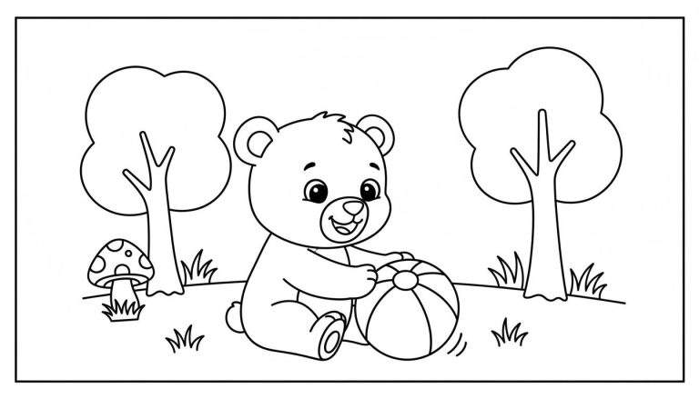 Zwart-wit kleurplaat van een lief beertje met een gestreepte bal in een bosrijke omgeving met twee bomen, een paddestoel en gras.