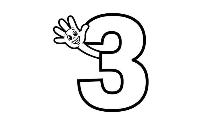 Kleurplaat van een groot cijfer 3 met een lachende cartooneske hand op de palm.