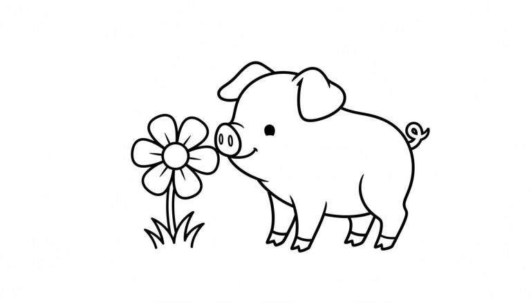 Zwart-witte kleurplaat van een vrolijk varkentje dat naar een bloem kijkt, met gras.