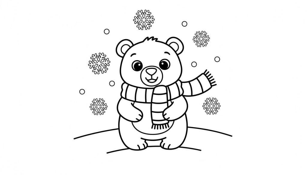 Kleurplaat van een schattige, vriendelijke beer met gestreepte sjaal, sneeuwvlokken en besneeuwde ondergrond in een winterse setting.