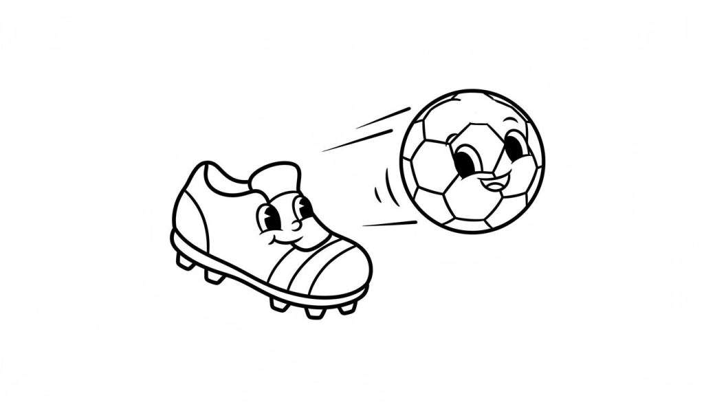 Zwart-wit kleurplaat: een vrolijke cartoon voetbalschoen met gezichtje en noppen schopt een lachende voetbal met gezichtje en patroon, omringd door bewegingslijnen.
