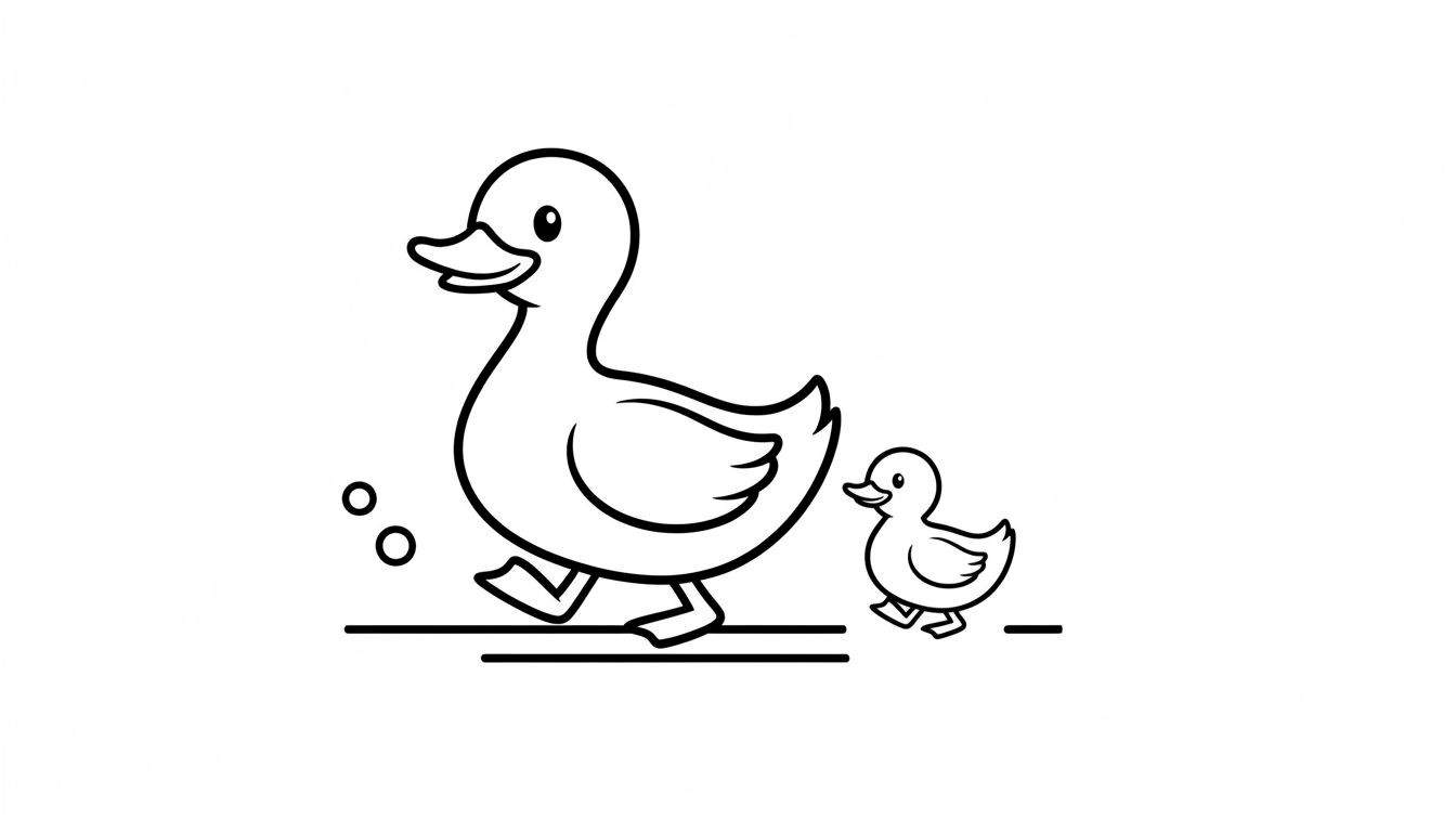 Kleurplaat van een grote, vrolijke eend die voorop loopt, gevolgd door een klein, vrolijk eendje. Dikke zwarte lijnen op witte achtergrond, met grondlijnen en kleine cirkels.