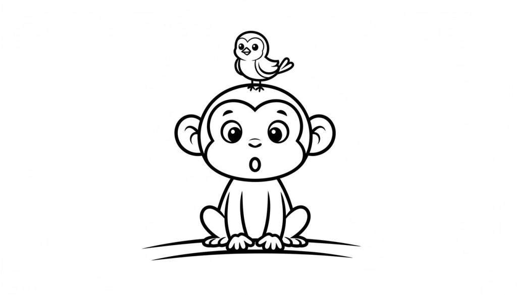 Zwart-witte lijntekening van een schattig, verbaasd kijkend cartoonaapje zittend op een tak, met een vrolijk vogeltje op zijn hoofd. Makkelijke kleurplaat.