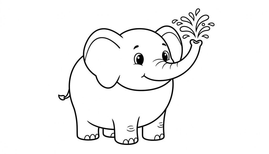 Zwart-wit lijntekening van een lachende olifant die water spuit, bedoeld als makkelijke kleurplaat voor kinderen.