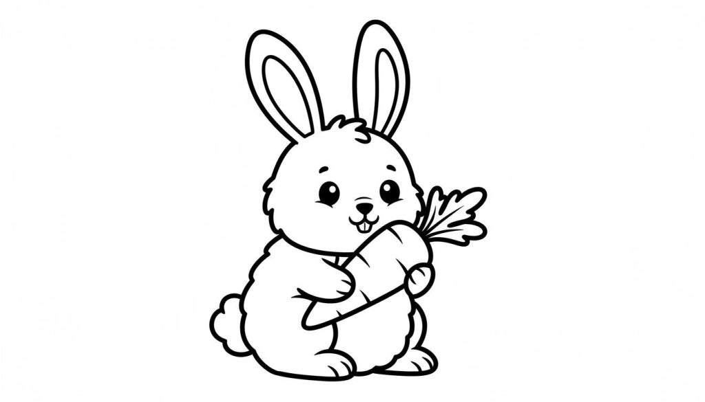 Zwart-wit lijntekening van een schattig konijntje dat rechtop zit en een grote wortel vasthoudt. Het konijntje heeft lange oren, ronde ogen en een blije uitdrukking met twee kleine voortandjes. Een eenvoudige kleurplaat.