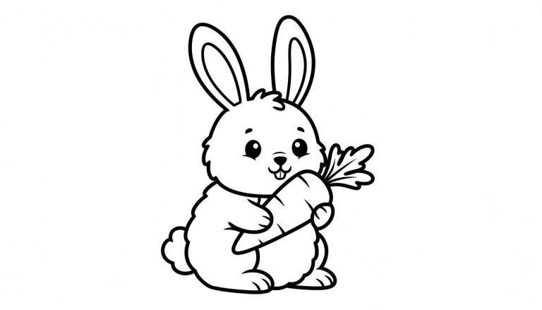 Zwart-wit lijntekening van een schattig konijntje dat rechtop zit en een grote wortel vasthoudt. Het konijntje heeft lange oren, ronde ogen en een blije uitdrukking met twee kleine voortandjes. Een eenvoudige kleurplaat.