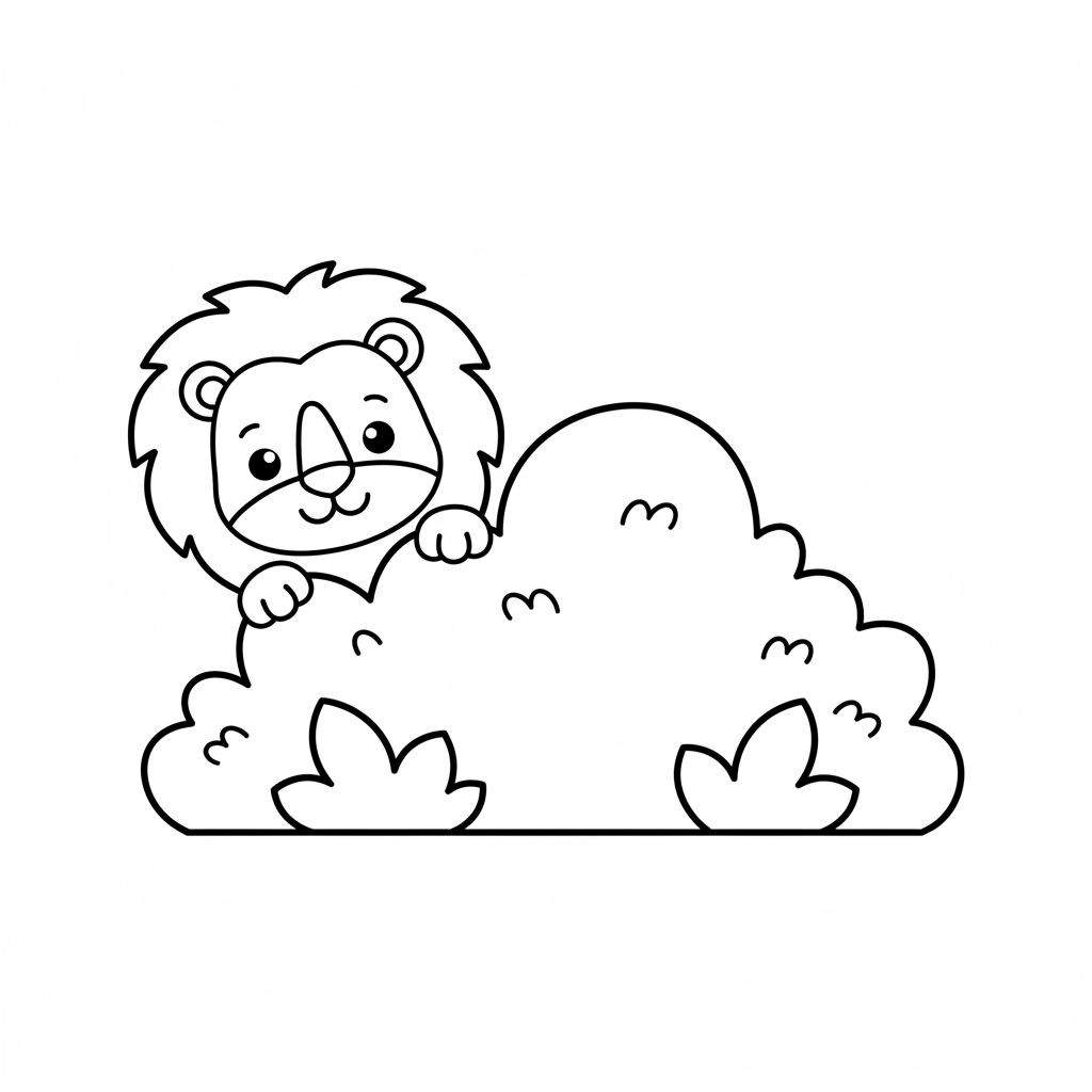 Eenvoudige zwart-wit lijntekening van een vrolijke, lachende leeuw met manen, die achter een struik, bosje of wolk tevoorschijn piept, met twee zichtbare voorpoten. Ideaal als makkelijke kleurplaat voor kinderen.