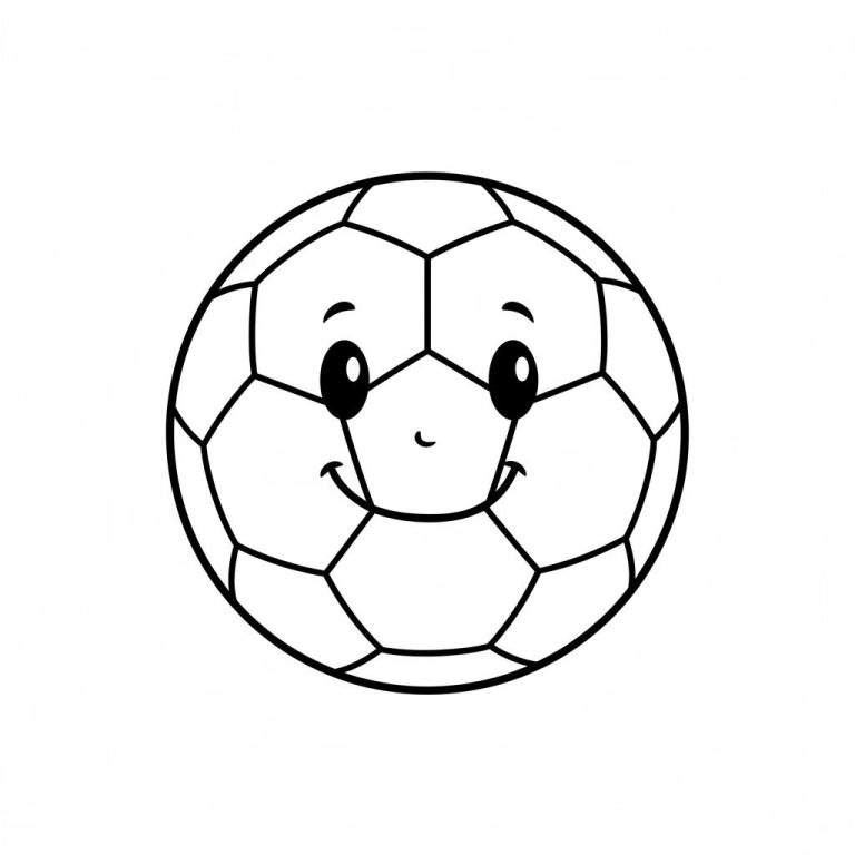 Kleurplaat van een vrolijke voetbal met lachend gezicht, zwart-witte vlakken en duidelijke lijnen, makkelijk te kleuren.