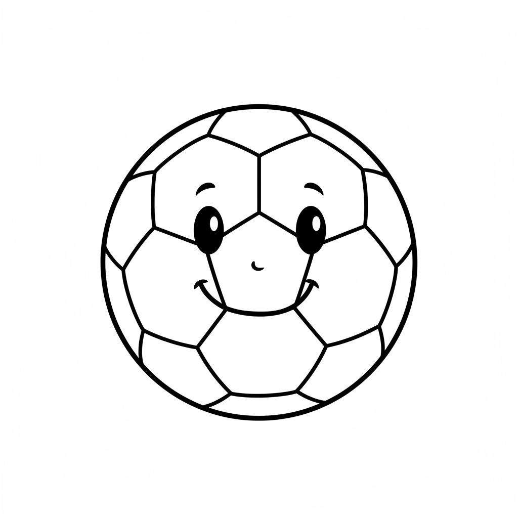 Kleurplaat van een vrolijke voetbal met lachend gezicht, zwart-witte vlakken en duidelijke lijnen, makkelijk te kleuren.
