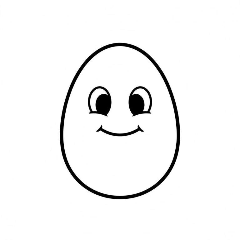 Lijntekening van een vrolijk ei met twee grote ogen en een lachende mond, een makkelijke kleurplaat.