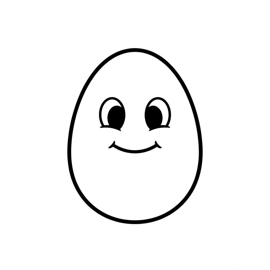 Lijntekening van een vrolijk ei met twee grote ogen en een lachende mond, een makkelijke kleurplaat.