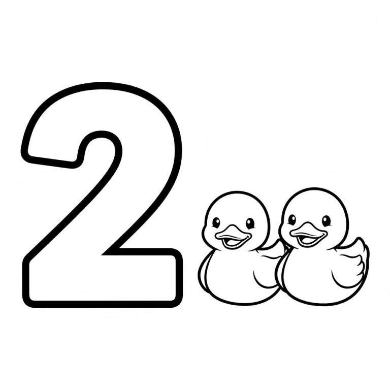 Makkelijke kleurplaat van het cijfer 2 met twee lachende eendjes of kuikentjes