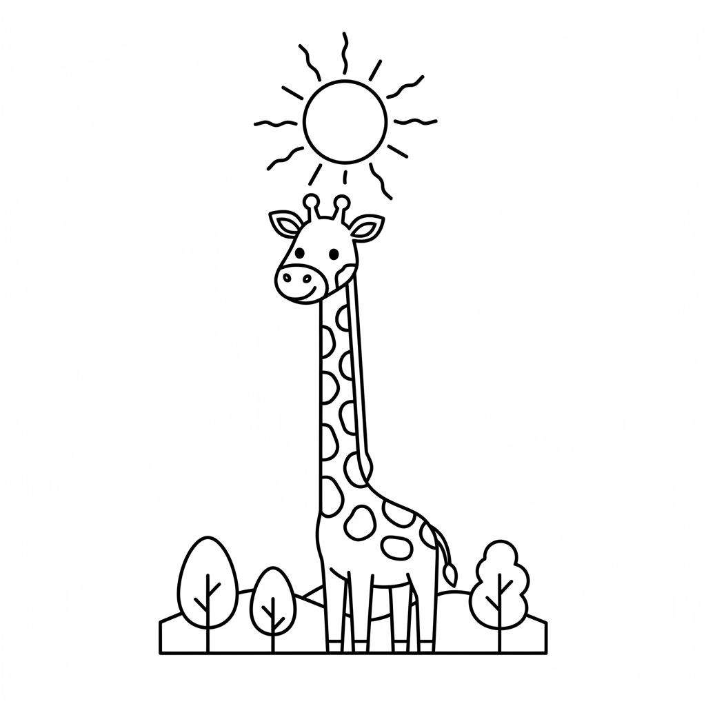 Eenvoudige kleurplaat van een lachende giraffe met vlekken, twee hoorntjes, onder een stralende zon met boompjes op de grond. Geschikt voor kinderen.