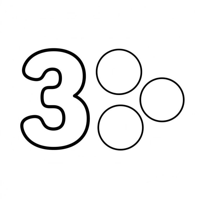 Eenvoudige kleurplaat van het cijfer 3 in bubble-stijl met drie gerangschikte cirkels ernaast, zwart-wit afbeelding voor kinderen.