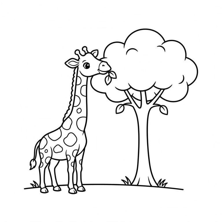 Eenvoudige zwart-wit kleurplaat van een giraffe die bladeren eet van een boom met een ronde kruin. De giraffe staat links en op de voorgrond is gras te zien.