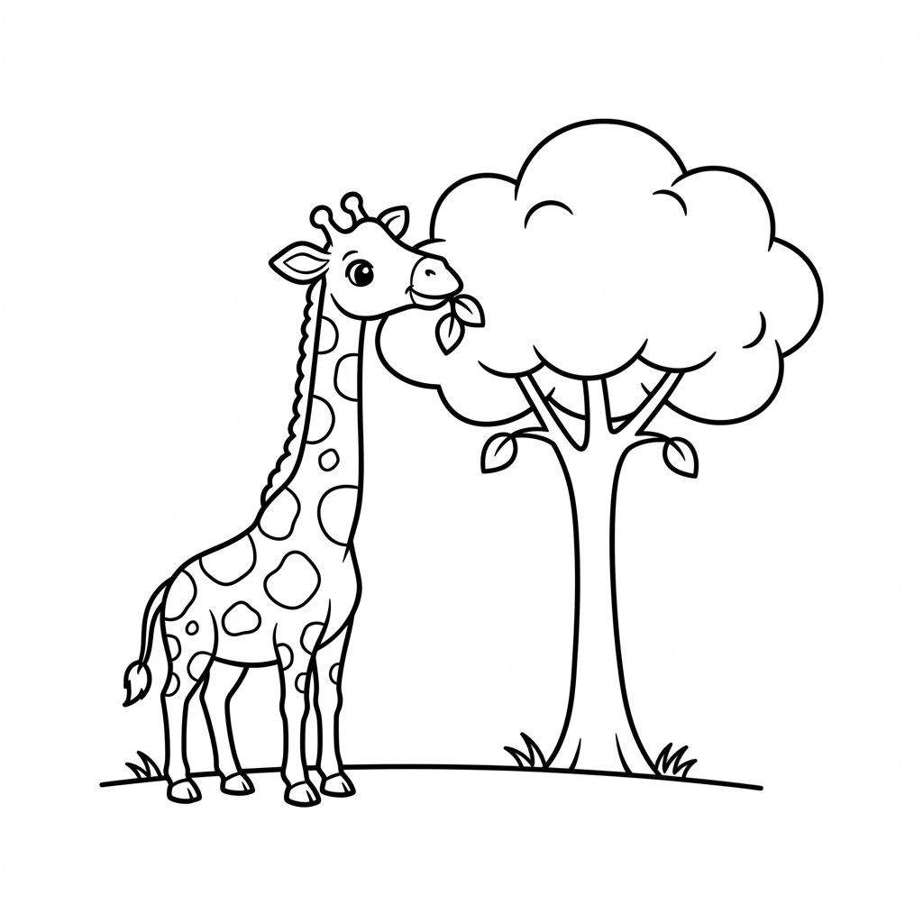 Eenvoudige zwart-wit kleurplaat van een giraffe die bladeren eet van een boom met een ronde kruin. De giraffe staat links en op de voorgrond is gras te zien.