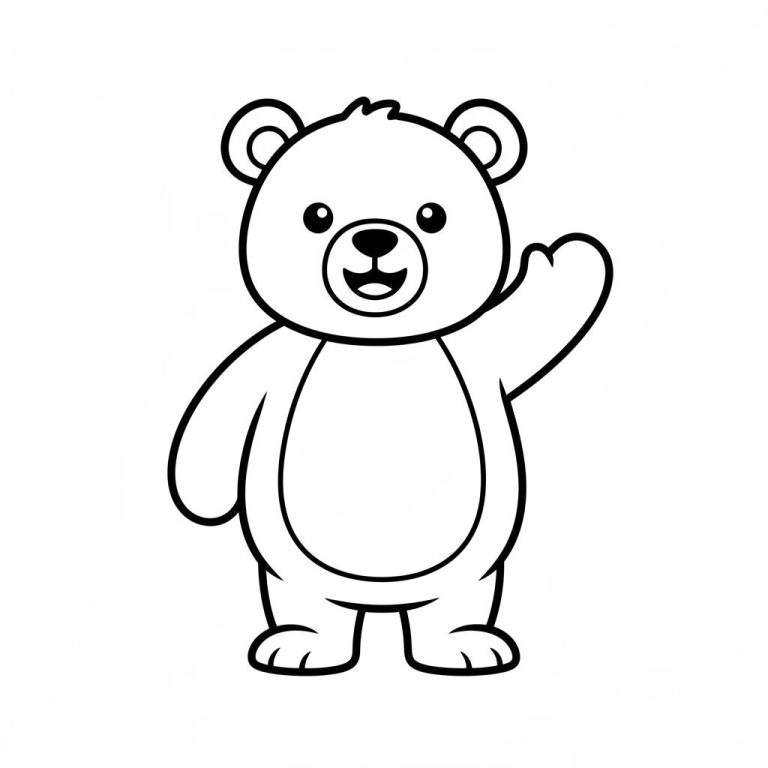 Zwart-wit lijntekening van een schattige, zwaaiende cartoonbeer met een vriendelijke glimlach, klaar om ingekleurd te worden.