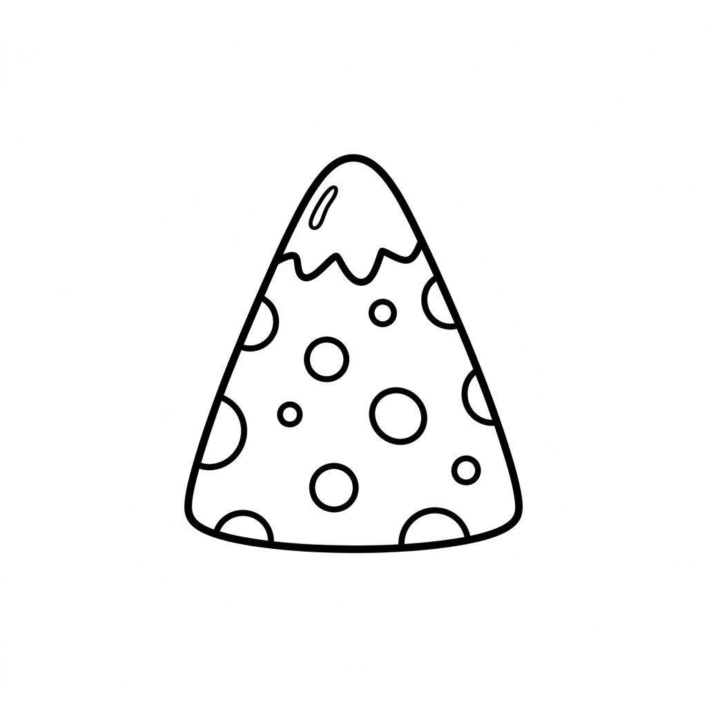 Eenvoudige zwart-wit kleurplaat van een pizzapunt met golvende rand en diverse ronde toppings, vriendelijke, gestileerde uitstraling.