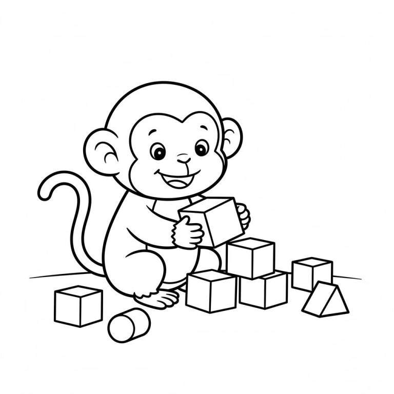 Lachend aapje zit op de grond en speelt met diverse bouwblokken, waaronder kubussen, een cilinder en een driehoekig blok. Makkelijke lijntekening als kleurplaat.
