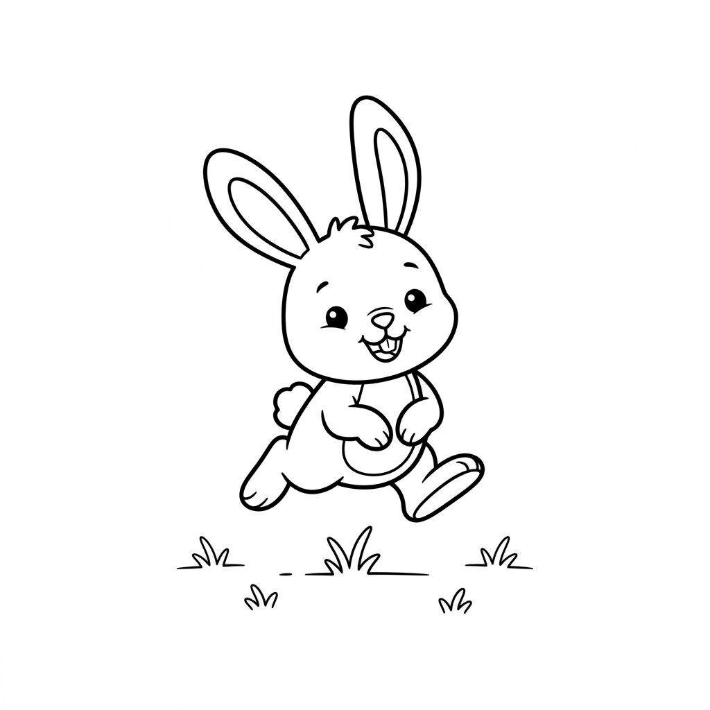 Zwart-wit lijntekening van een vrolijk, huppelend konijntje met lange oren, lachend mondje en blije ogen, in het gras. Makkelijke kleurplaat.