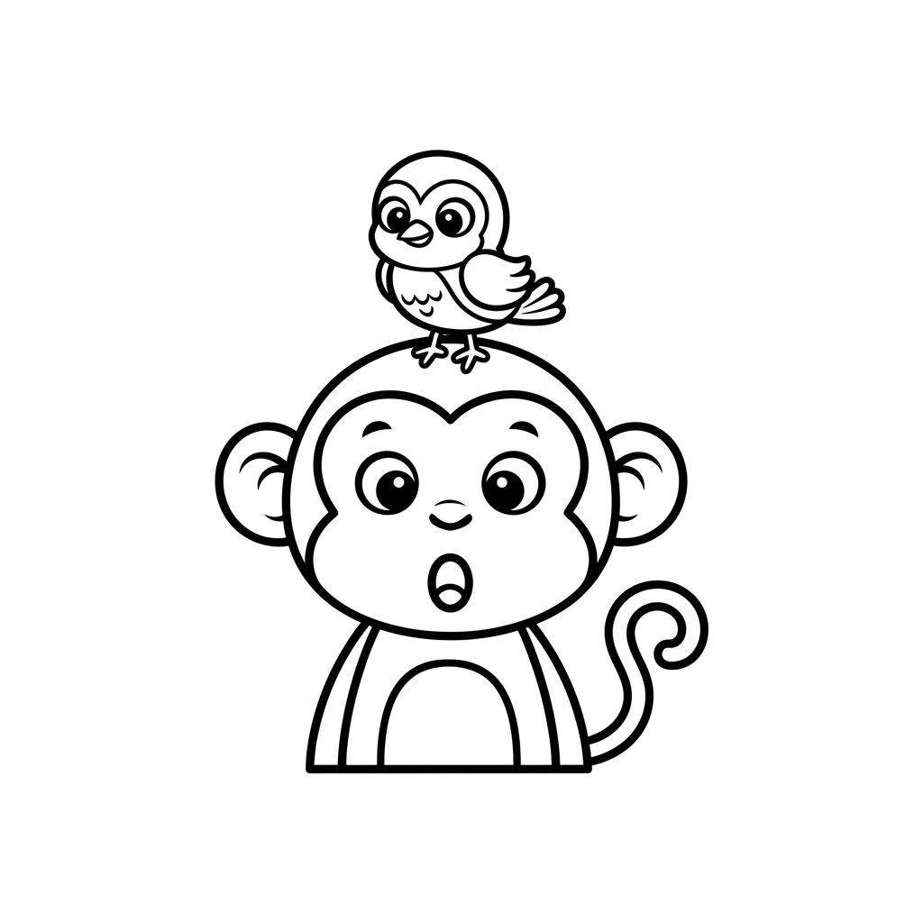 Eenvoudige zwart-wit kleurplaat van een verbaasd aapje met grote ogen en een krullende staart, met een klein, vrolijk vogeltje op zijn hoofd.