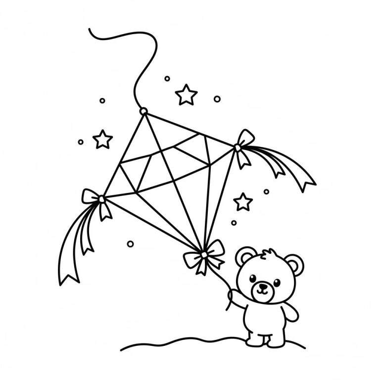 Zwart-wit kleurplaat van een schattige teddybeer die een ruitvormige vlieger met geometrisch patroon en wapperende strikken vasthoudt, omringd door sterren en stipjes.