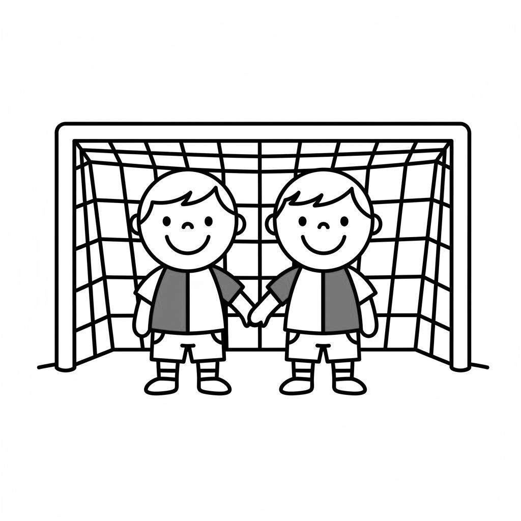 Twee lachende jongens houden elkaars hand vast voor een voetbaldoel met net, een makkelijke zwart-witte lijntekening voor een kleurplaat.