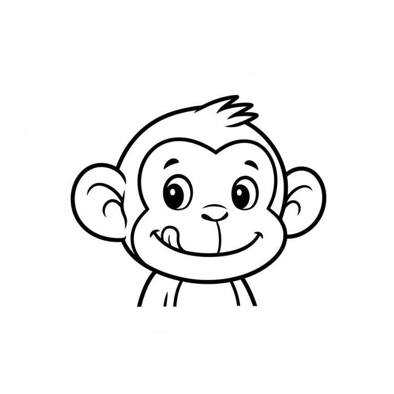 Lijntekening van een vrolijk cartoon aapje met grote ogen, glimlachende mond met uitgestoken tong, grote oren en plukjes haar, makkelijk te kleuren.