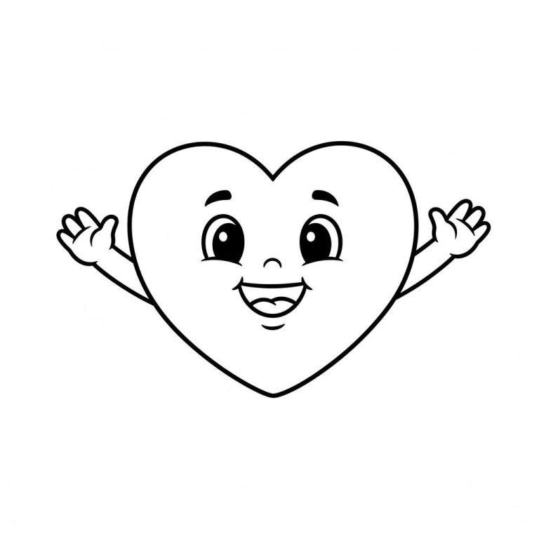 Zwart-wit kleurplaat van een vrolijk hart met grote vriendelijke ogen, lachende mond en armen wijd gespreid voor een knuffel, straalt blijdschap uit.