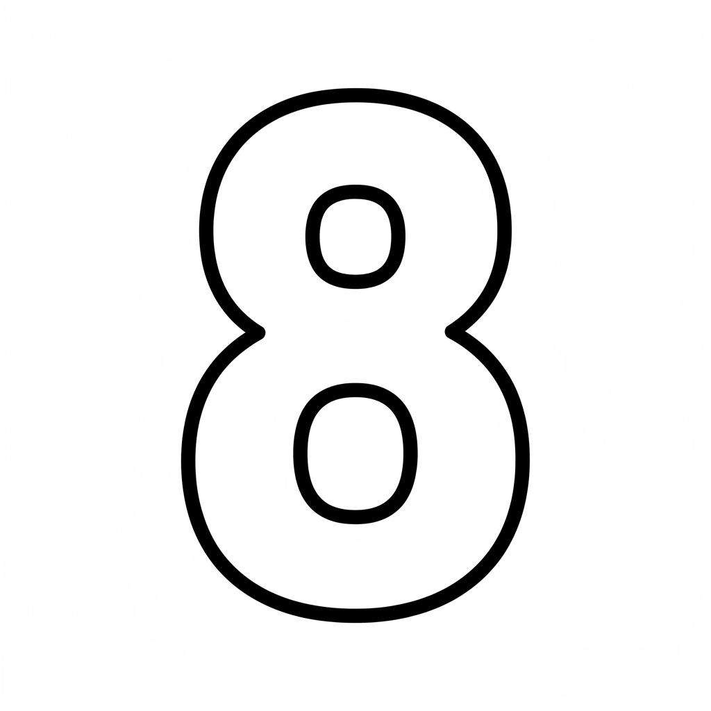 Eenvoudige zwart-wit lijntekening van het cijfer 8, perfect als kleurplaat voor kinderen of als sjabloon.