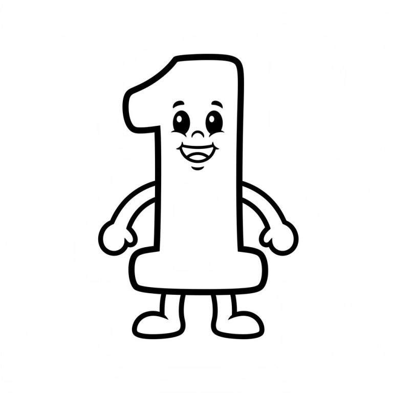 Zwart-wit kleurplaat van een vriendelijk, staand cijfer één figuurtje met ogen, een lachende mond met tanden, twee armen en twee voeten.