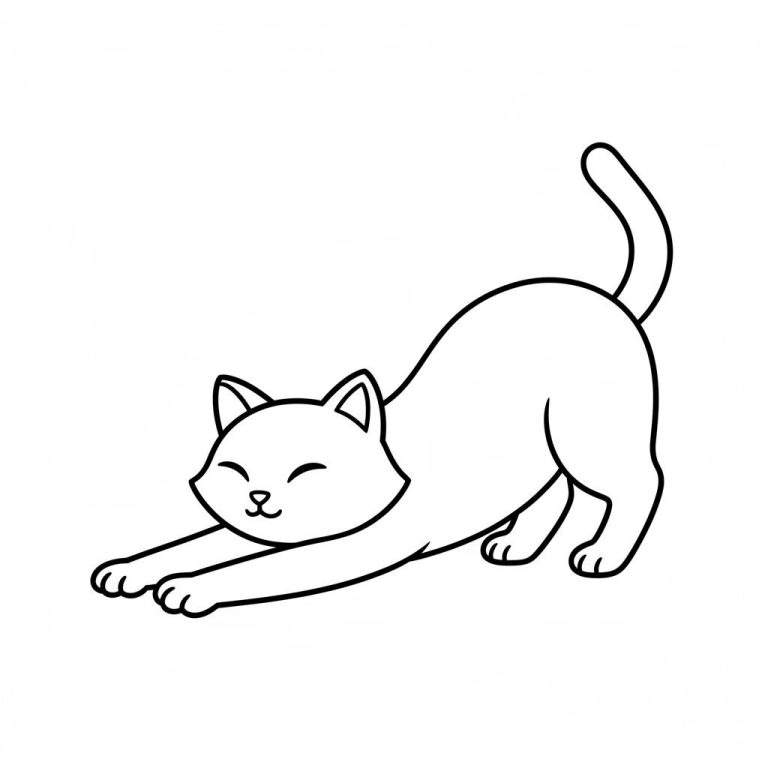 Zwart-wit lijntekening van een zich uitrekkende kat met gesloten ogen, gebogen rug en gekrulde staart. Eenvoudige kleurplaat.