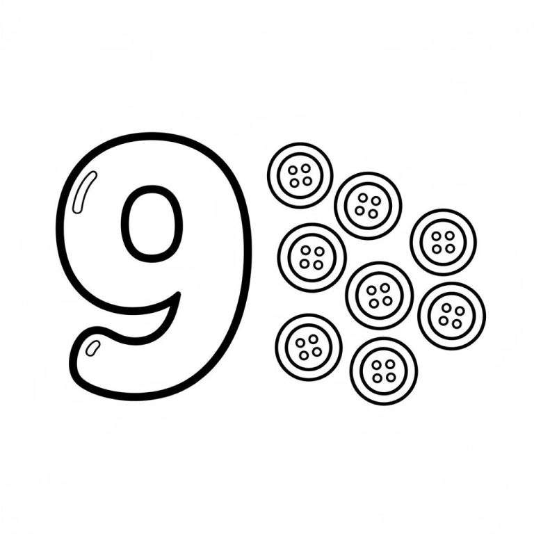Zwart-wit lijntekening van het grote cijfer negen (9) in bubbellettertype, met rechts daarvan negen losse knoopjes, elk met vier gaatjes. Geschikt als educatieve kleurplaat voor het leren tellen.
